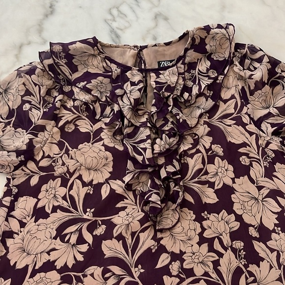 Zara Womens Sz M Purple And Tan Floral Chiffon Ruffle Mini Dress Long Sleeves - Picture 10 of 14
